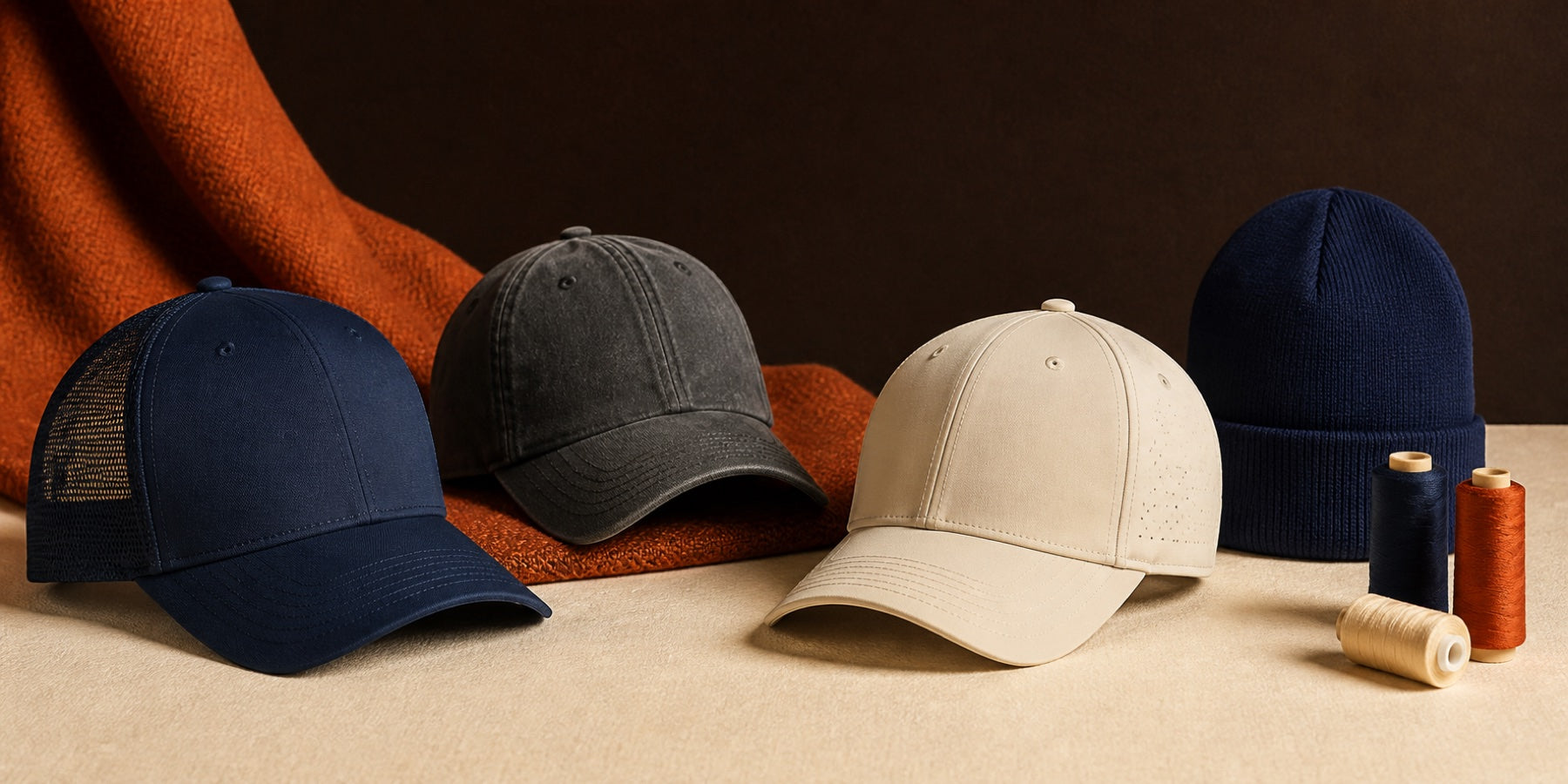 Trucker cap, dad cap, performance cap, and beanie ready for custom embroidery