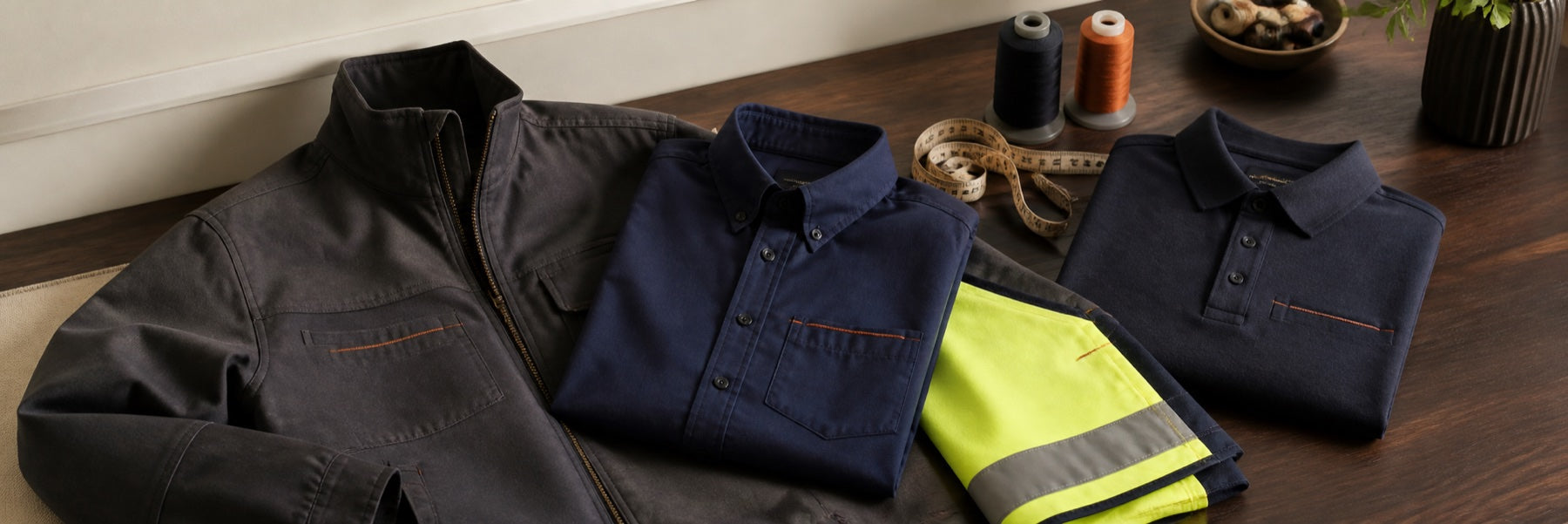 Work shirts, work jacket, polo, and high-visibility apparel ready for custom embroidery