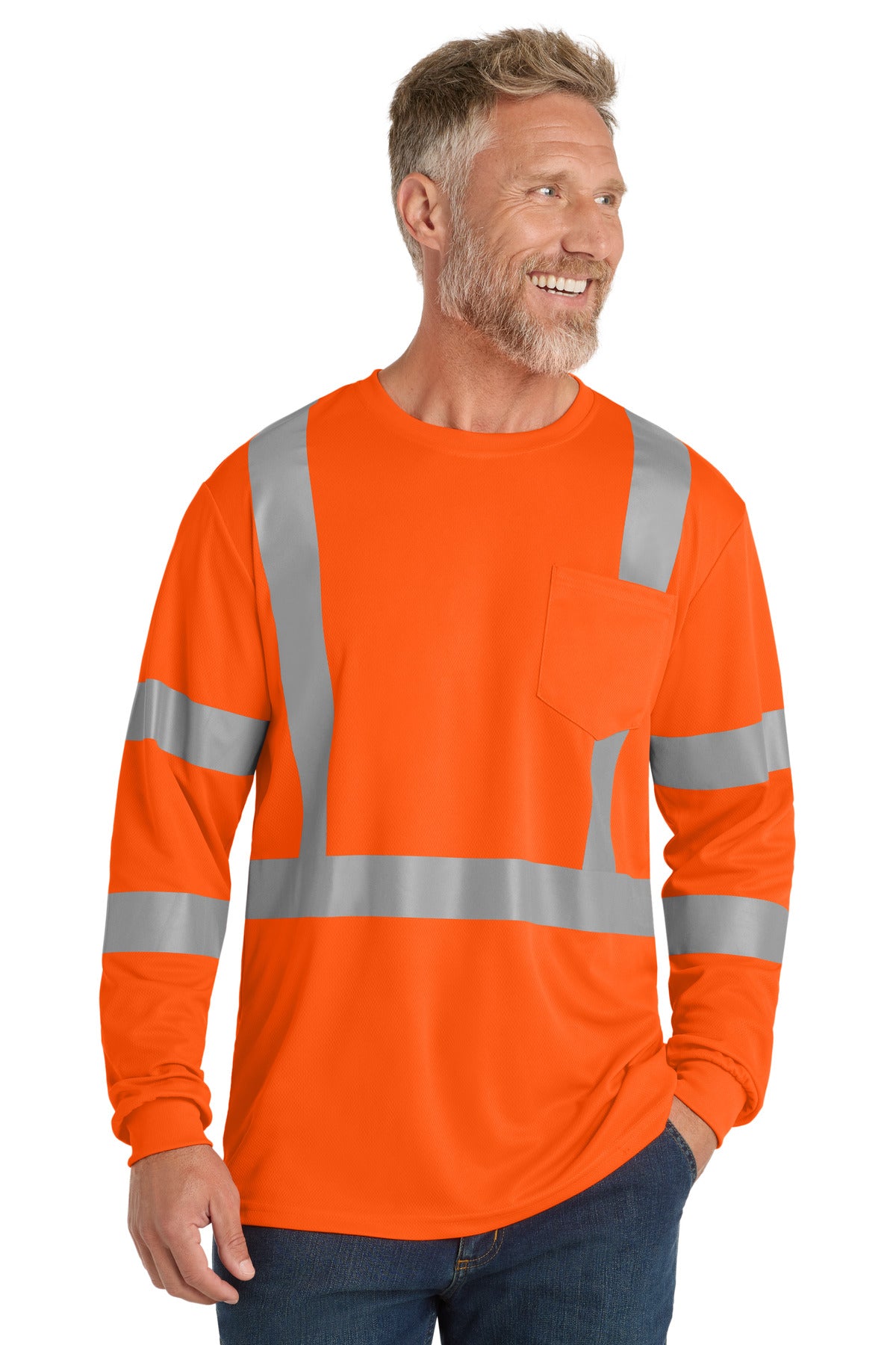 Custom Embroidery or DTF Print - CornerStone ® ANSI 107 Class 3 Mesh Long Sleeve Tee. CS203