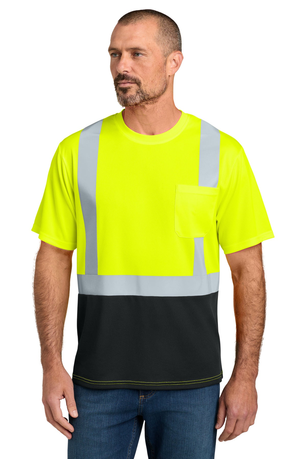 Custom Embroidery or DTF Print - CornerStone ® ANSI 107 Class 2 Short Sleeve Mesh Blocked Tee CS205