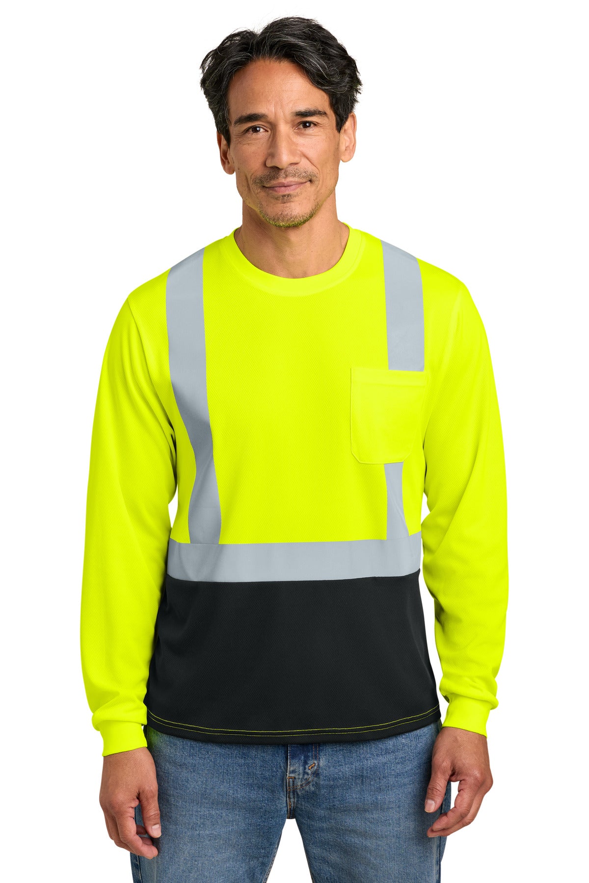 Custom Embroidery or DTF Print - CornerStone ® ANSI 107 Class 2 Long Sleeve Mesh Blocked Tee CS207
