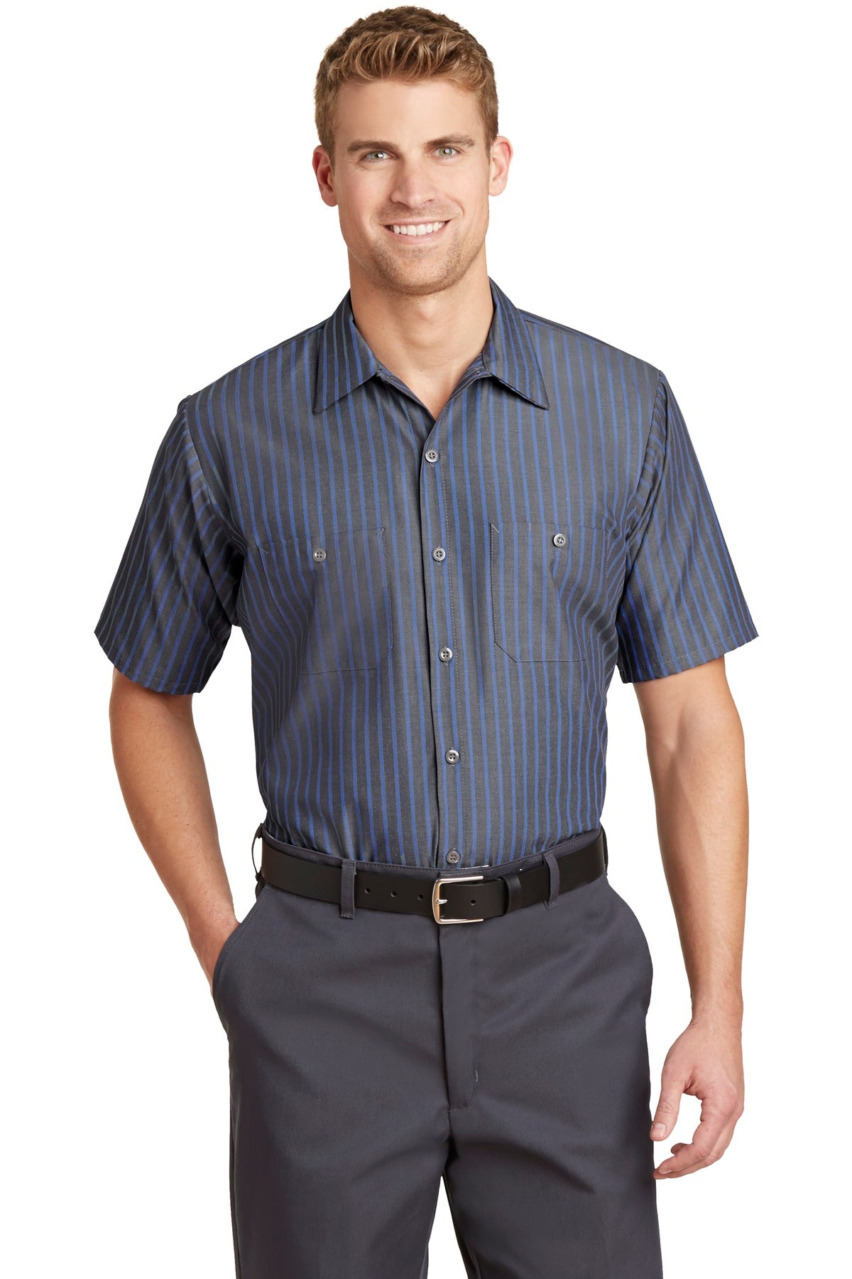 Custom Embroidery or DTF Print - Red Kap ® Short Sleeve Striped Industrial Work Shirt. CS20