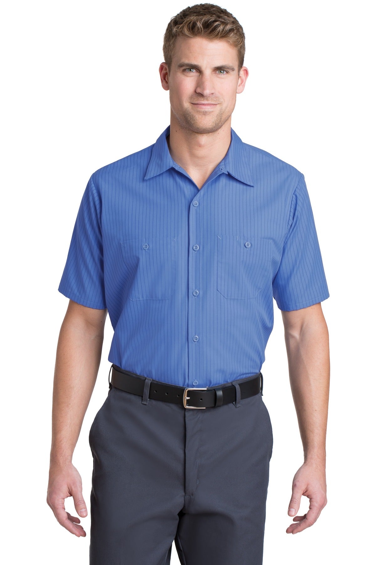Custom Embroidery or DTF Print - Red Kap ® Short Sleeve Striped Industrial Work Shirt. CS20