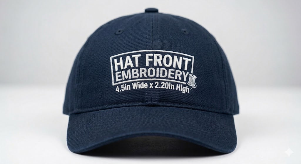 Hat Front Embroidery - Maximum Size 4.5in Wide x 2.20in High