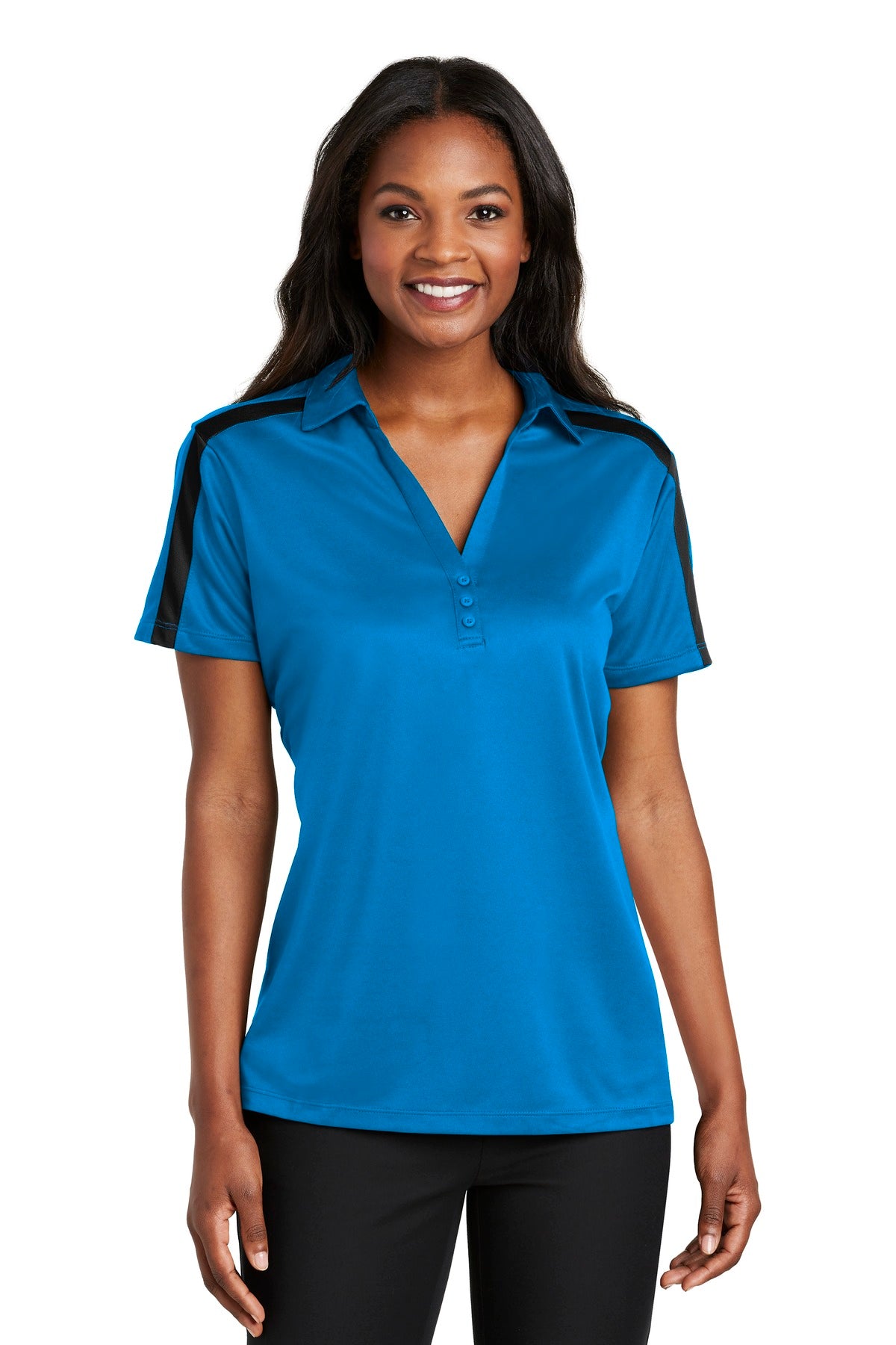 Custom Embroidery or DTF Print - Port Authority ® Women's Silk Touch™ Performance Colorblock Stripe Polo. L547