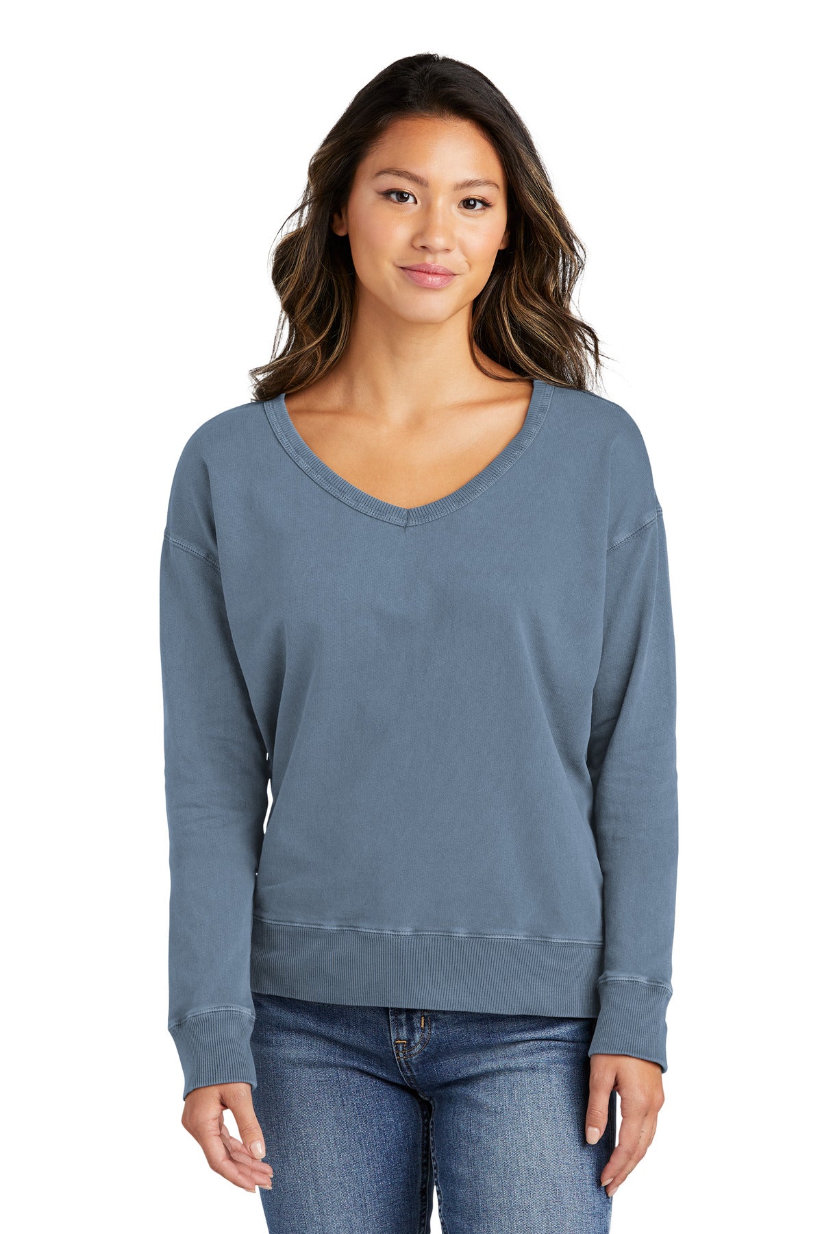 Custom Embroidered - Port & Company® Women's Beach Wash® Garment-Dyed V-Neck Sweatshirt LPC098V