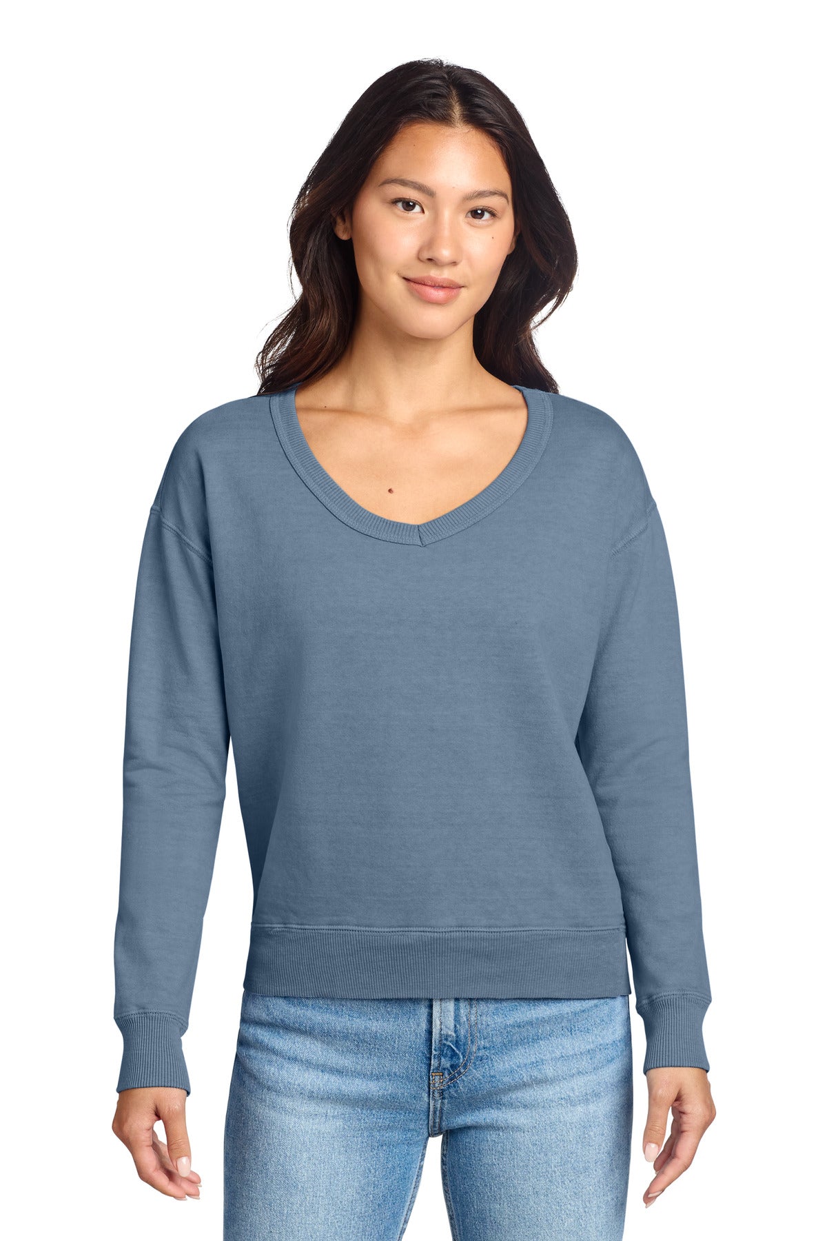 Custom Embroidery or DTF Print - Port & Co ® Women's Beach Wash ® Garment-Dyed V-Neck Sweatshirt LPC098V