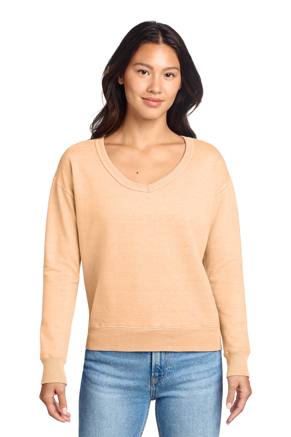 Custom Embroidery or DTF Print - Port & Co ® Women's Beach Wash ® Garment-Dyed V-Neck Sweatshirt LPC098V