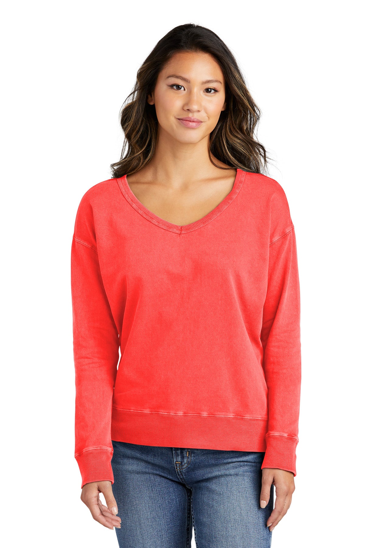 Custom Embroidered - Port & Company® Women's Beach Wash® Garment-Dyed V-Neck Sweatshirt LPC098V