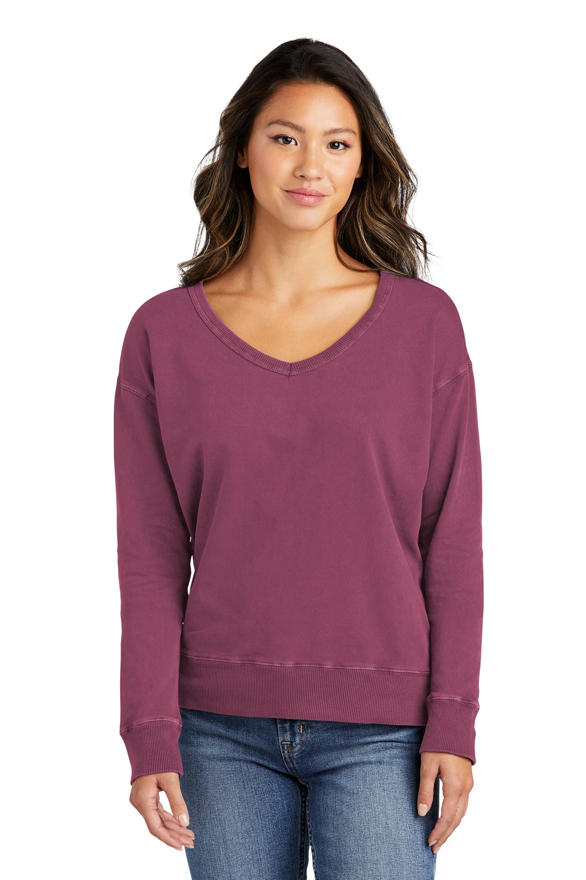 Custom Embroidered - Port & Company® Women's Beach Wash® Garment-Dyed V-Neck Sweatshirt LPC098V
