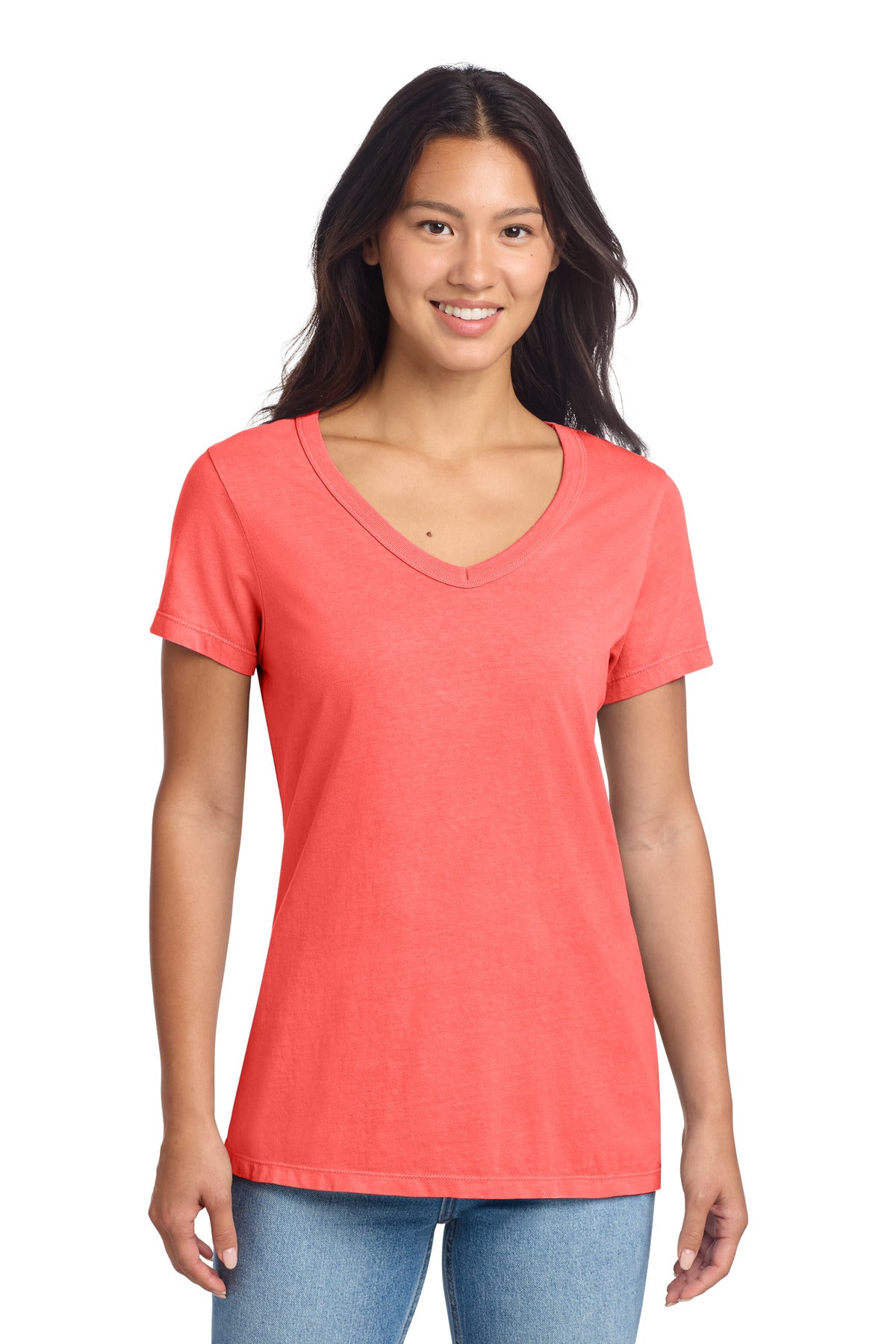 Custom Embroidery or DTF Print - Port & Co ® Women's Beach Wash ® Garment-Dyed V-Neck Tee LPC099V