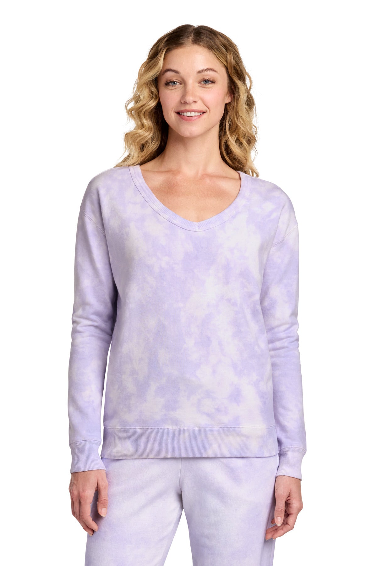 Custom Embroidery or DTF Print - Port & Co ® Women's Beach Wash ® Cloud Tie-Dye V-Neck Sweatshirt LPC140V