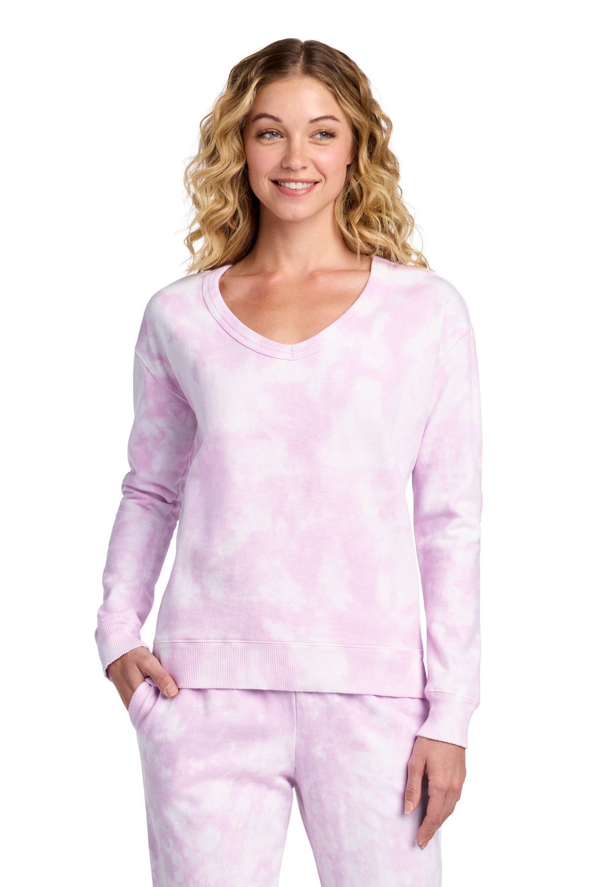 Custom Embroidery or DTF Print - Port & Co ® Women's Beach Wash ® Cloud Tie-Dye V-Neck Sweatshirt LPC140V