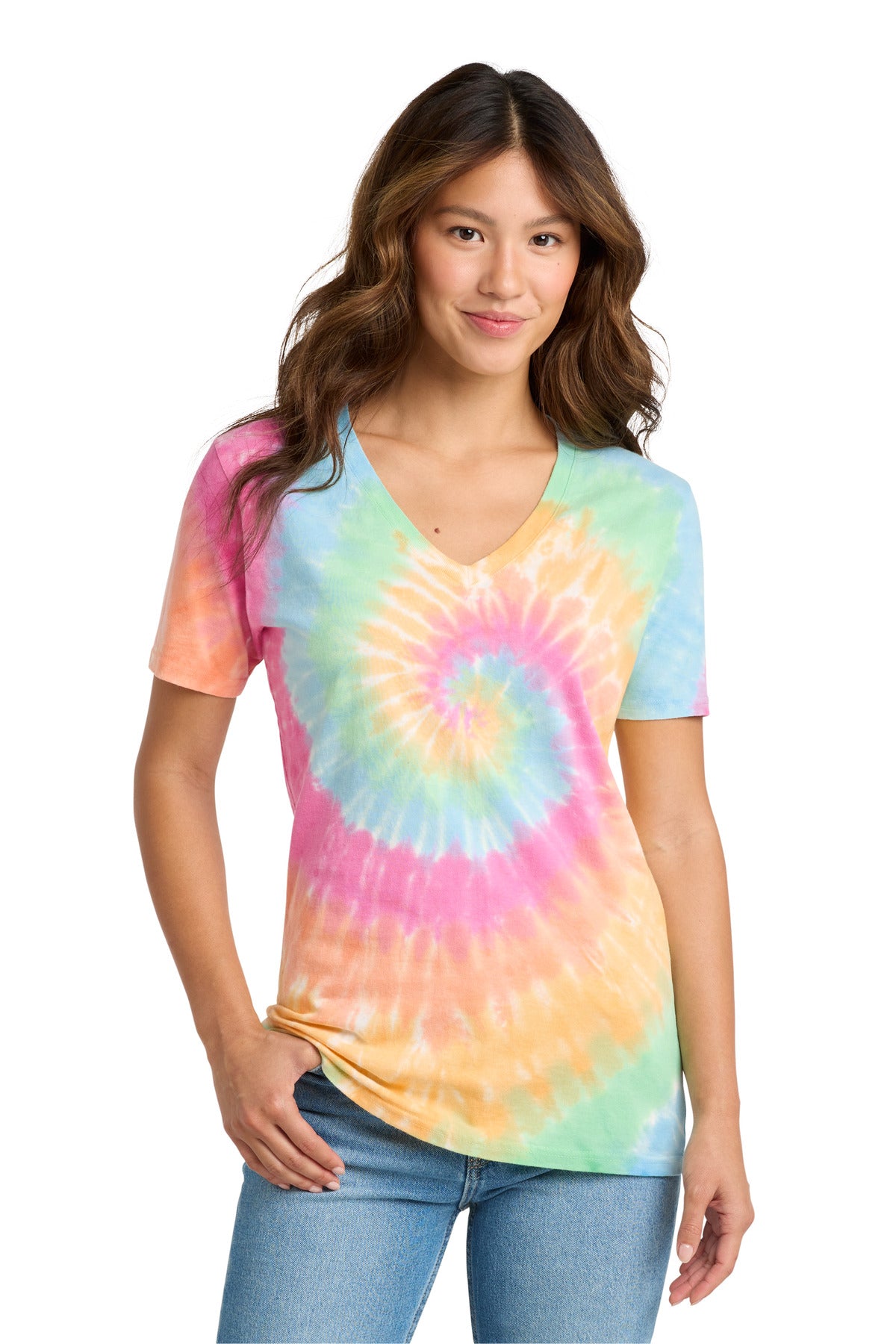 Custom Embroidery or DTF Print - Port & Co ® Women's Tie-Dye V-Neck Tee. LPC147V