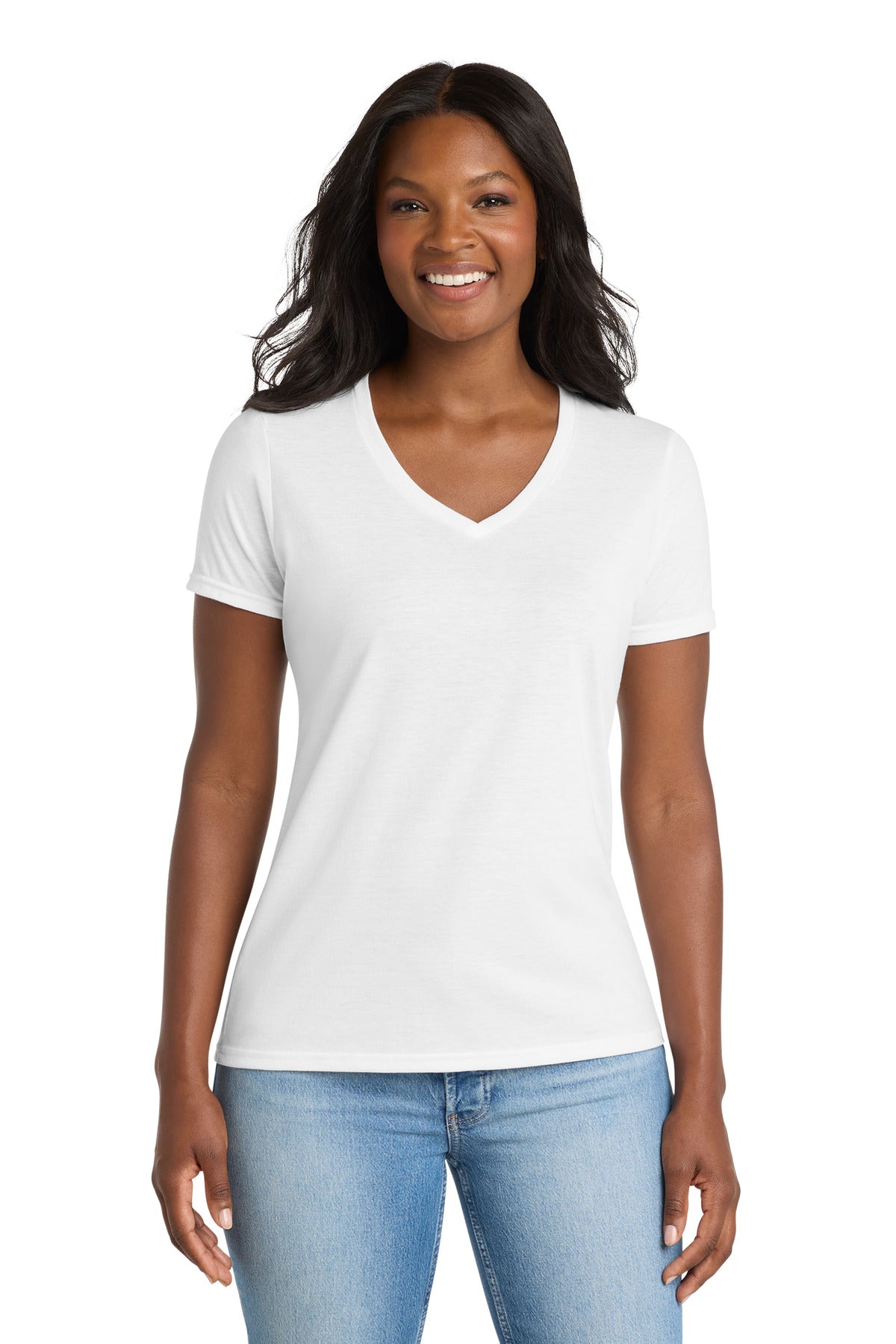 Custom Embroidery or DTF Print - Port & Co ® Women's Performance Blend V-Neck Tee. LPC381V