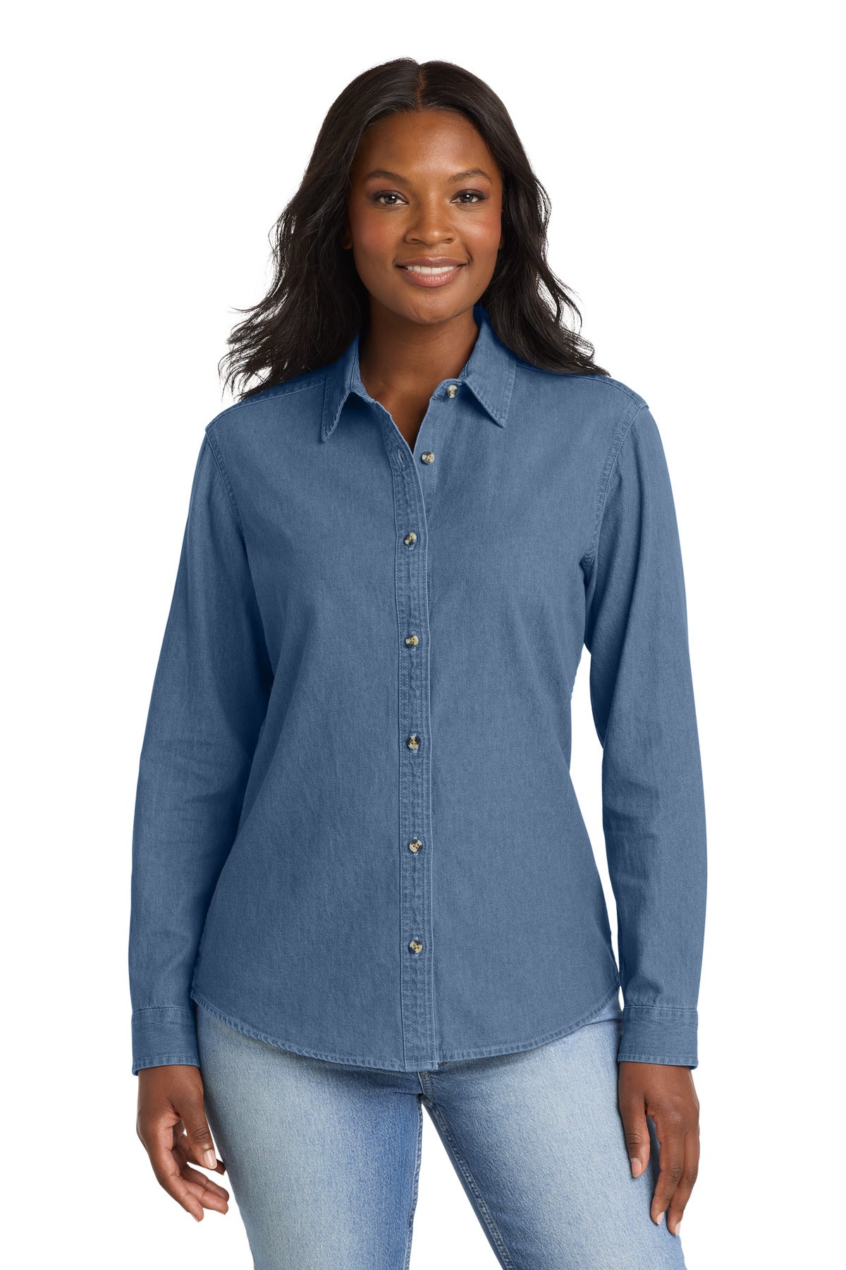 Custom Embroidery or DTF Print - Port & Co ® Women's Long Sleeve Value Denim Shirt. LSP10