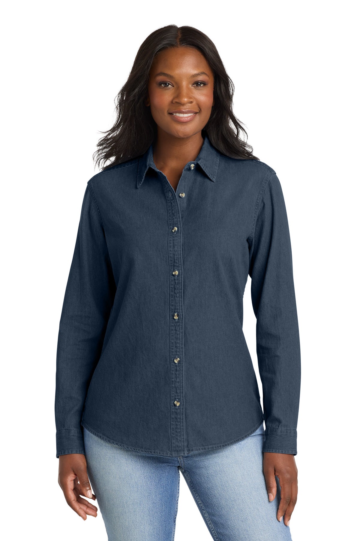 Custom Embroidery or DTF Print - Port & Co ® Women's Long Sleeve Value Denim Shirt. LSP10