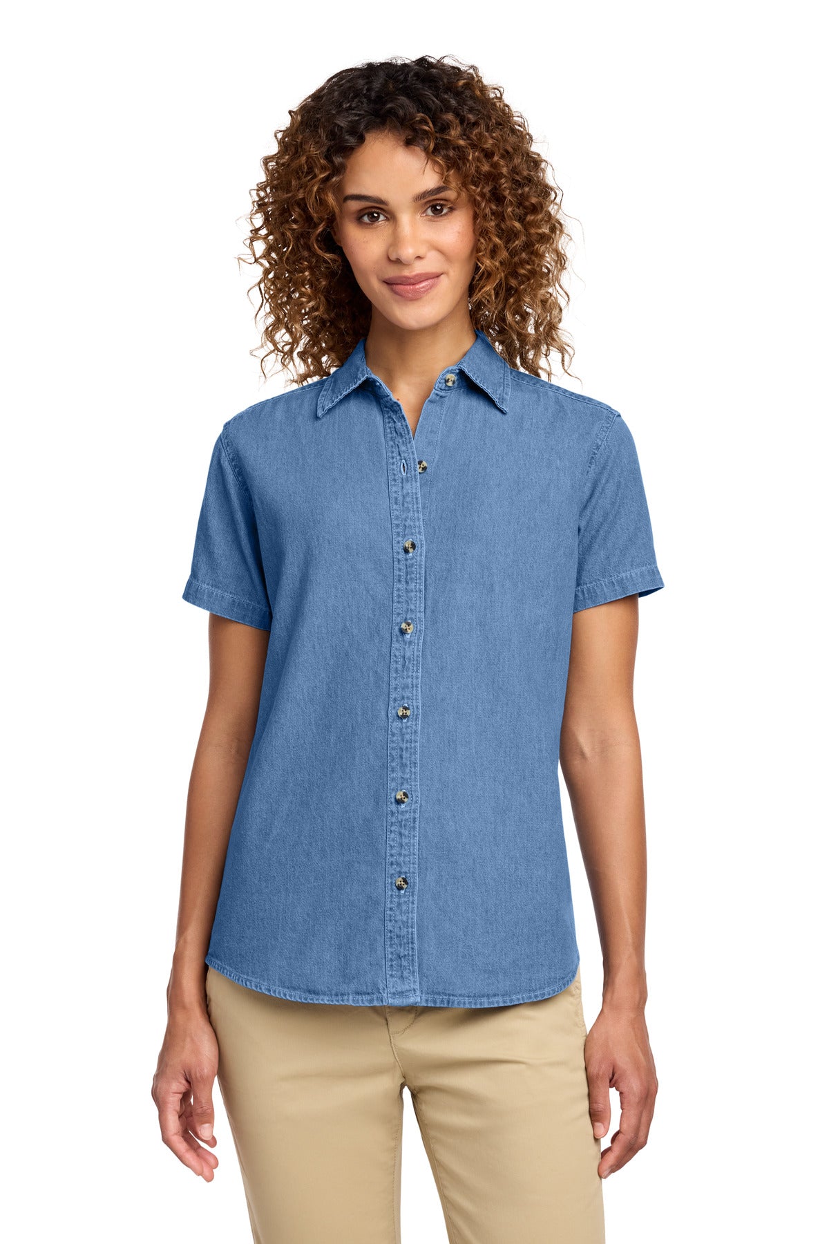 Custom Embroidery or DTF Print - Port & Co ® Women's Short Sleeve Value Denim Shirt. LSP11