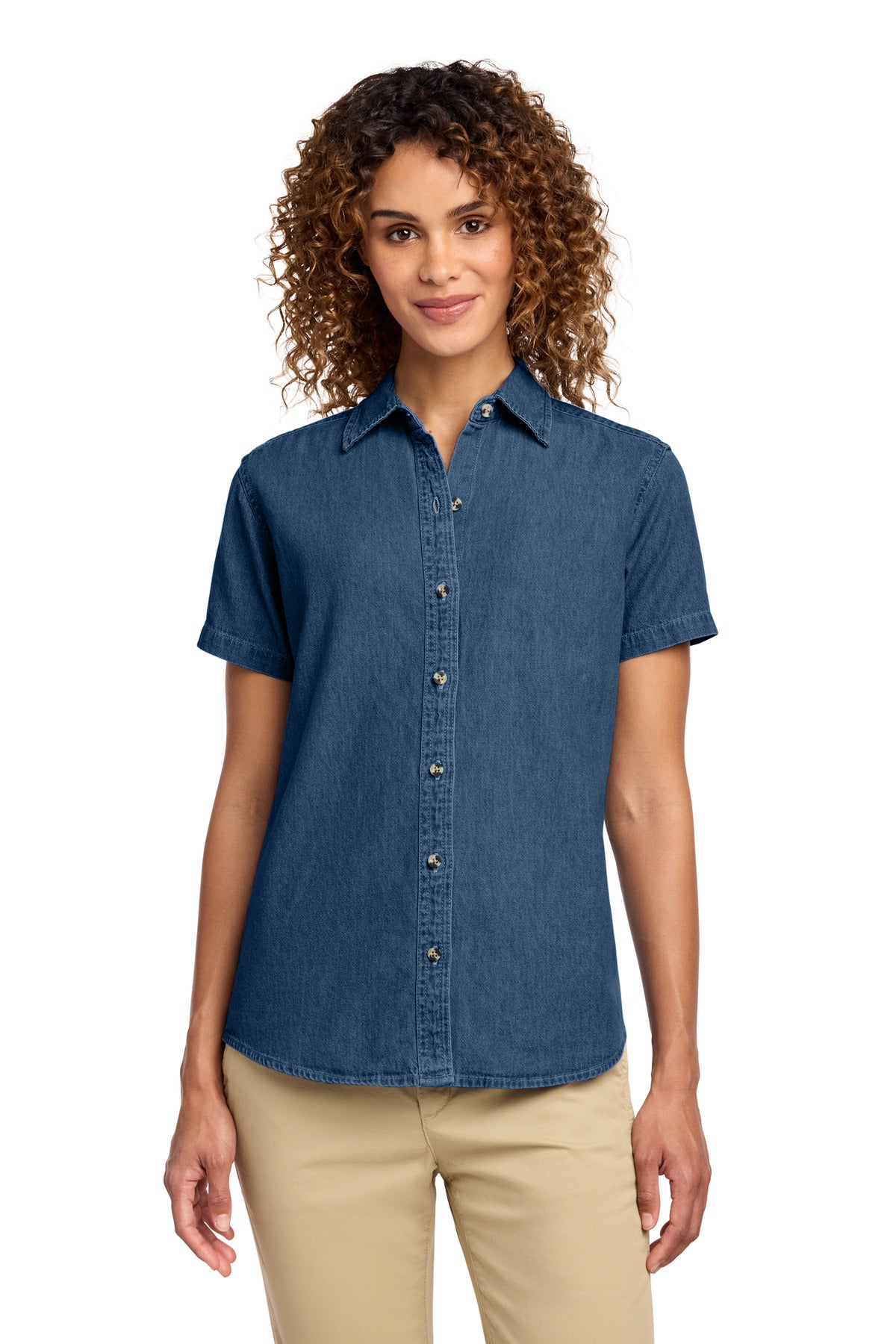 Custom Embroidery or DTF Print - Port & Co ® Women's Short Sleeve Value Denim Shirt. LSP11