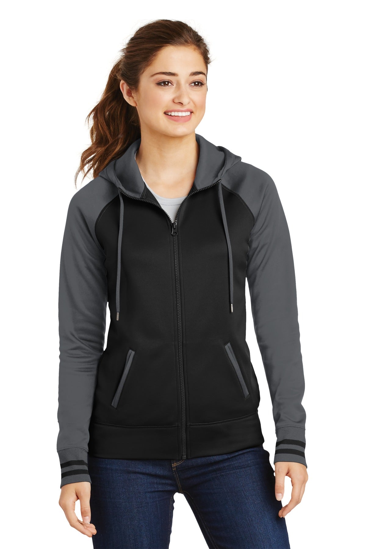 Custom Embroidered or DTF Print on Sport-Tek ® Women's Sport-Wick ® Varsity Fleece Full-Zip Hooded Jacket. LST236