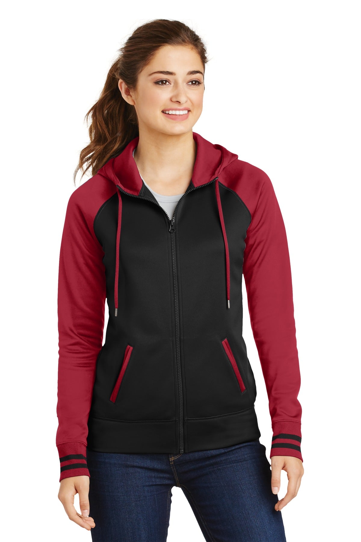 Custom Embroidered or DTF Print on Sport-Tek ® Women's Sport-Wick ® Varsity Fleece Full-Zip Hooded Jacket. LST236