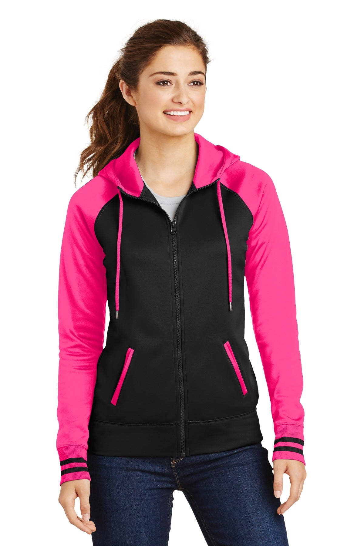 Custom Embroidered or DTF Print on Sport-Tek ® Women's Sport-Wick ® Varsity Fleece Full-Zip Hooded Jacket. LST236
