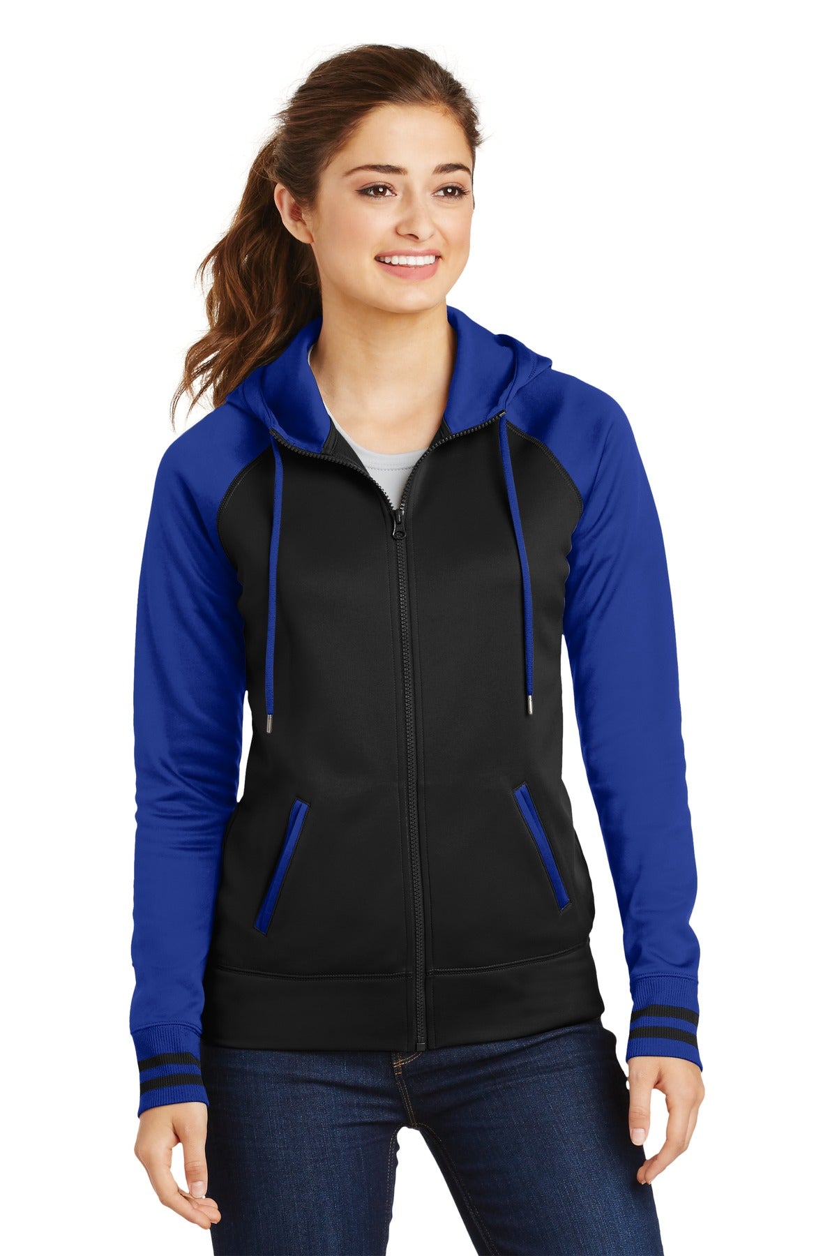 Custom Embroidered or DTF Print on Sport-Tek ® Women's Sport-Wick ® Varsity Fleece Full-Zip Hooded Jacket. LST236