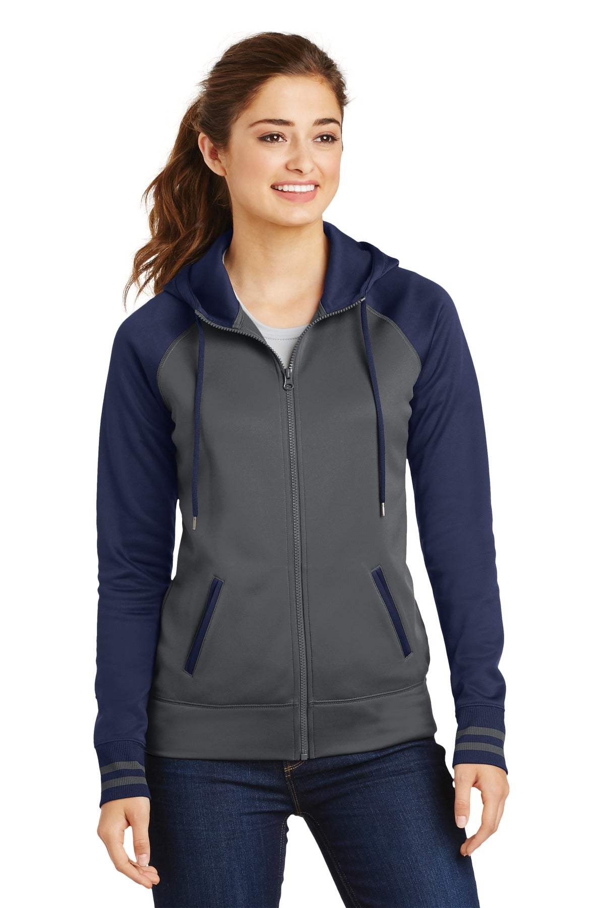 Custom Embroidered or DTF Print on Sport-Tek ® Women's Sport-Wick ® Varsity Fleece Full-Zip Hooded Jacket. LST236