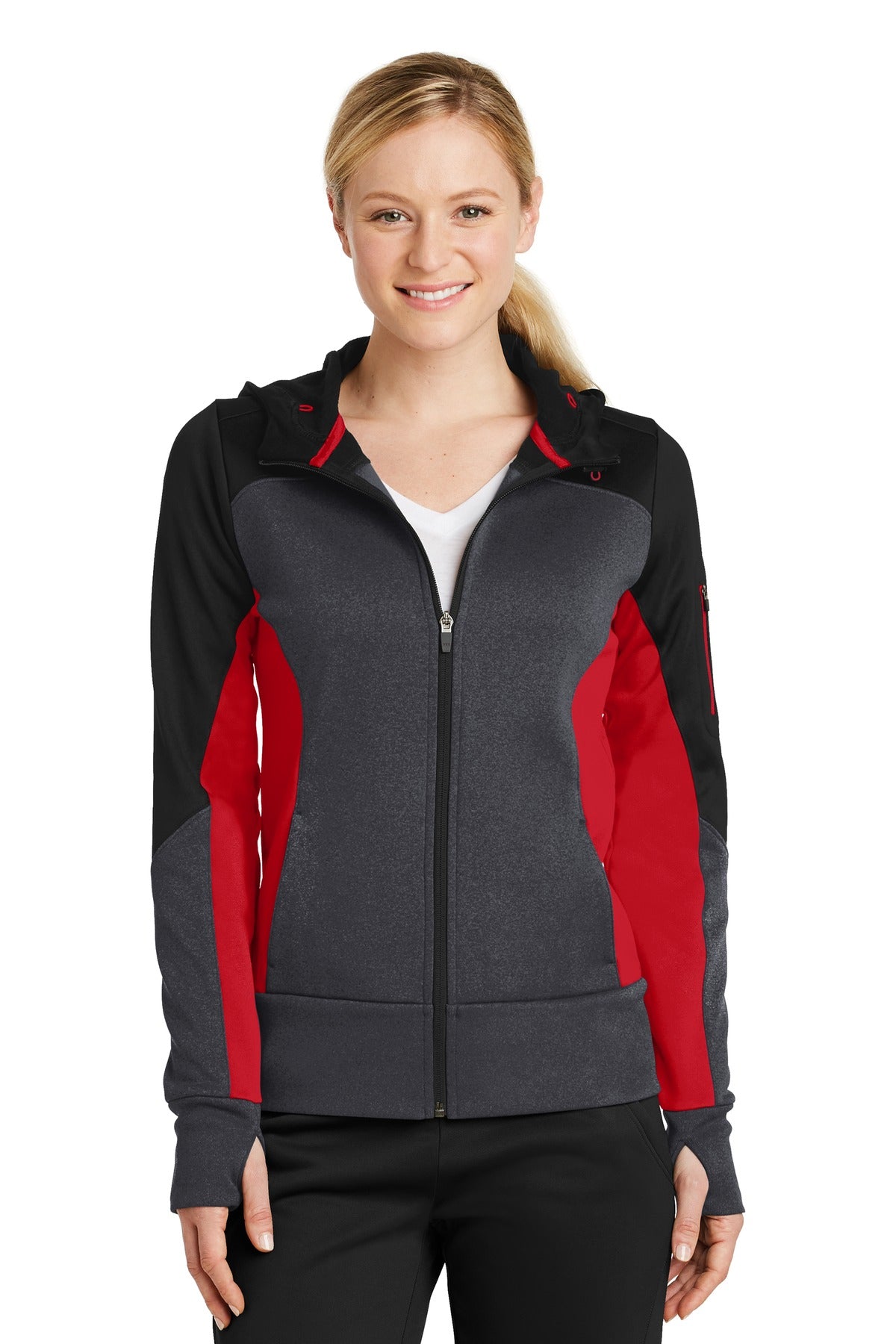 Custom Embroidered - Sport-Tek® Ladies Tech Fleece Colorblock Full-Zip Hooded Jacket. LST245