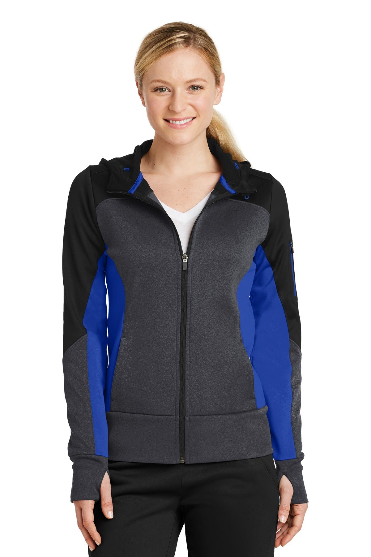 Custom Embroidered - Sport-Tek® Ladies Tech Fleece Colorblock Full-Zip Hooded Jacket. LST245