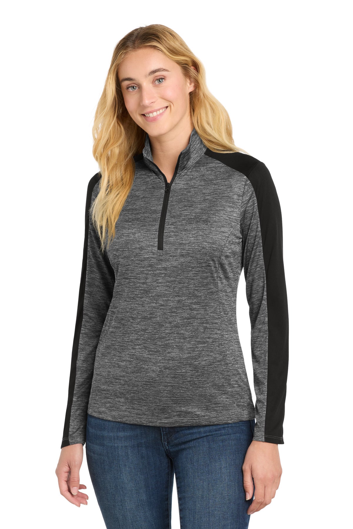 Custom Embroidery or DTF Print - Sport-Tek ® Women's PosiCharge ® Electric Heather Colorblock 1/4-Zip Pullover. LST397