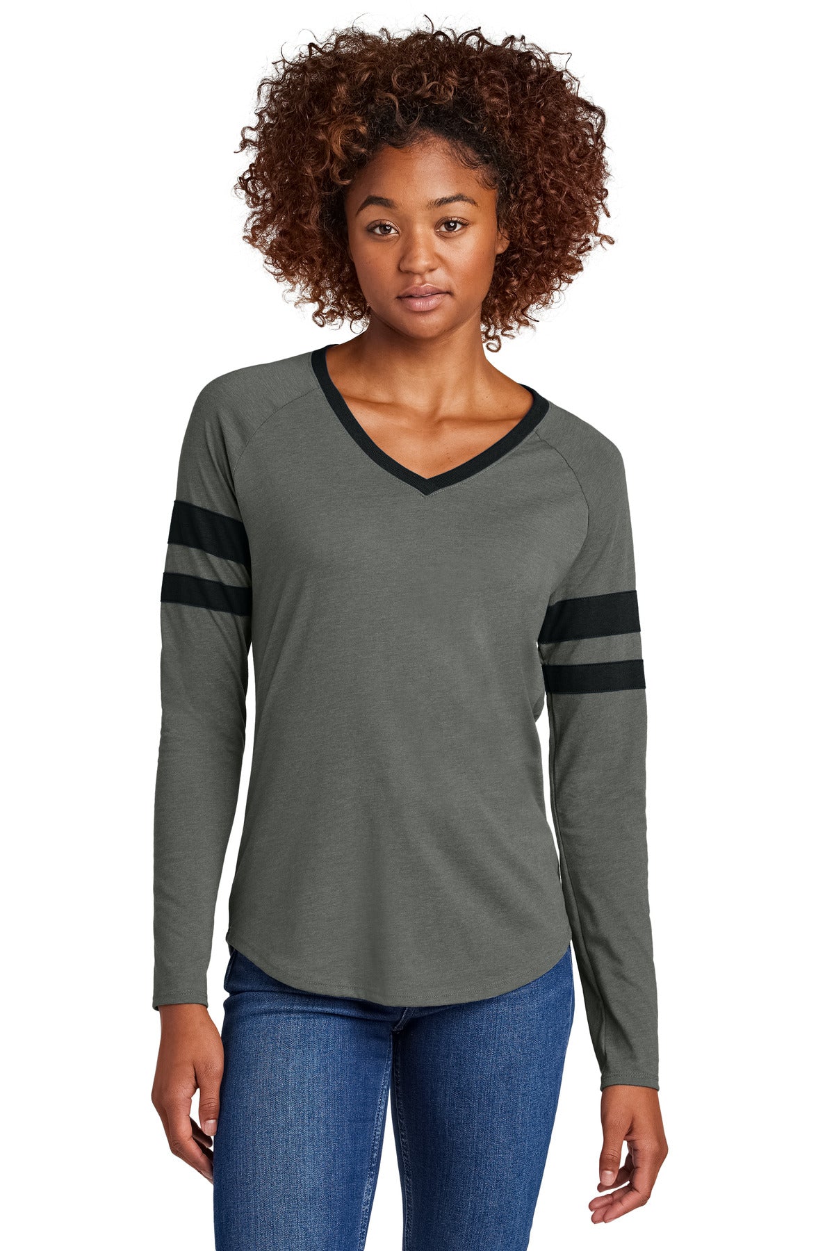 Custom Embroidery or DTF Print - Sport-Tek ® Women's Halftime Stripe Long Sleeve V-Neck Tee LST6043