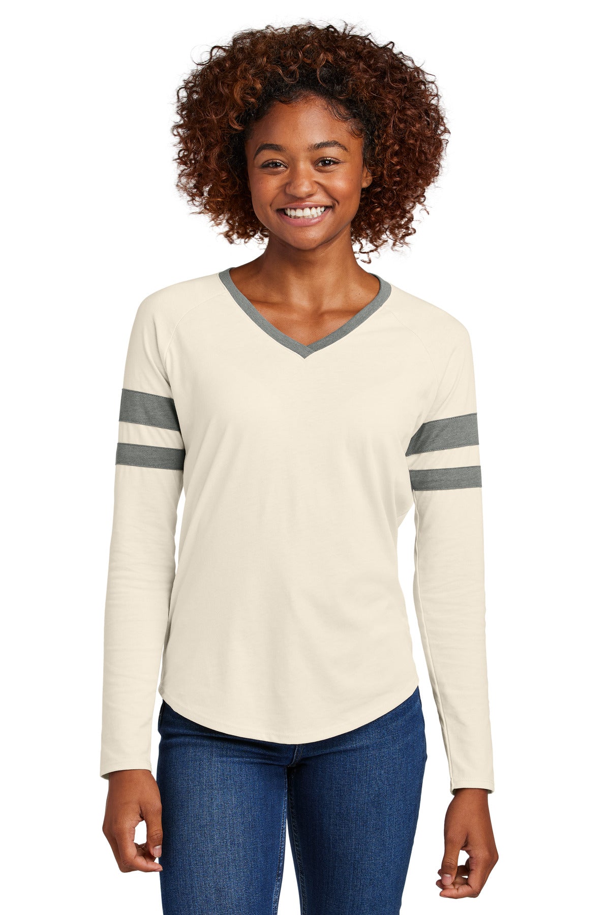 Custom Embroidery or DTF Print - Sport-Tek ® Women's Halftime Stripe Long Sleeve V-Neck Tee LST6043