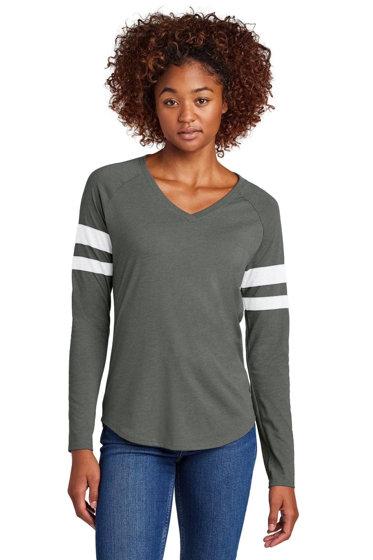 Custom Embroidery or DTF Print - Sport-Tek ® Women's Halftime Stripe Long Sleeve V-Neck Tee LST6043