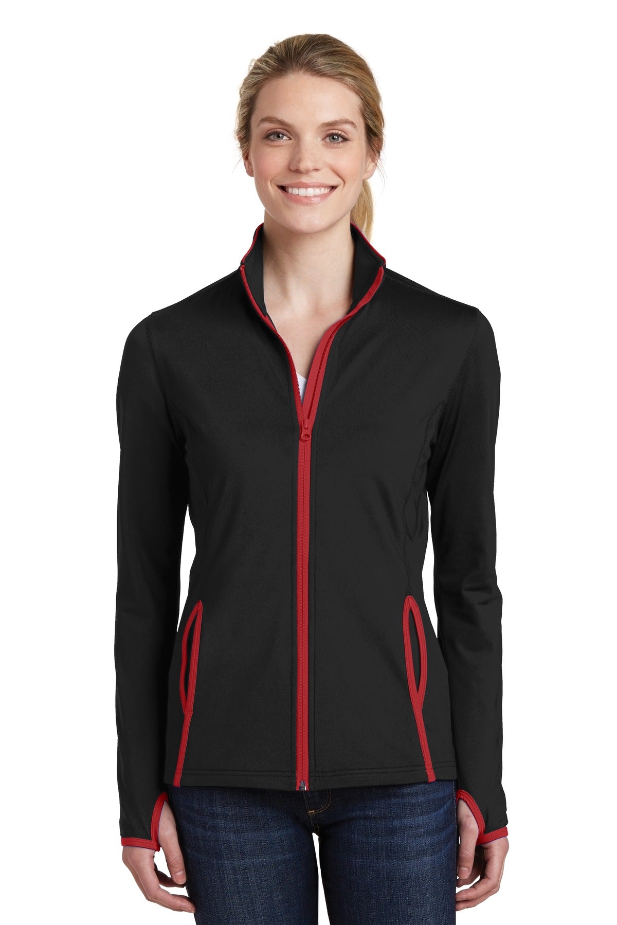 Custom Embroidered - Sport-Tek® Ladies Sport-Wick® Stretch Contrast Full-Zip Jacket. LST853