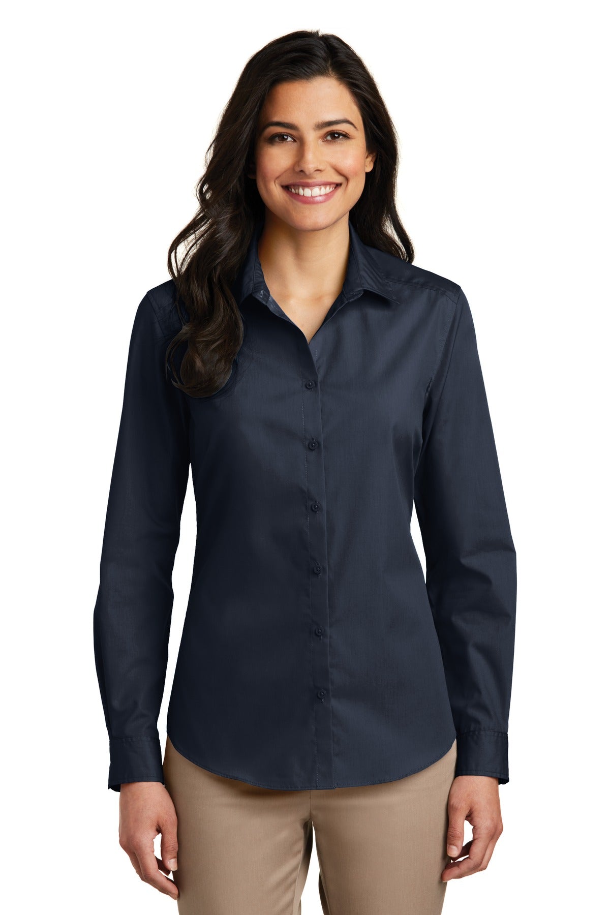Custom Embroidery or DTF Print - Port Authority ® Women's Long Sleeve Carefree Poplin Shirt. LW100