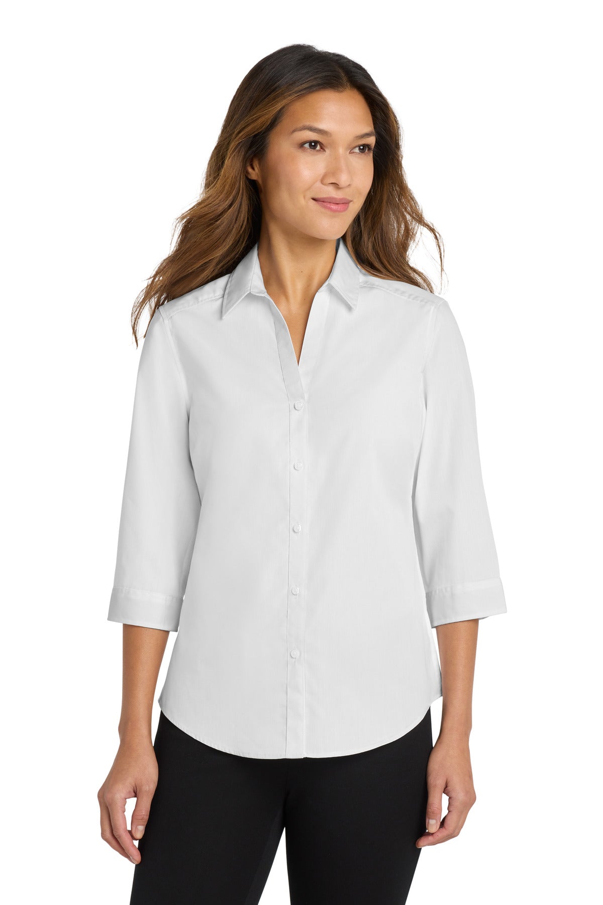Custom Embroidery or DTF Print - Port Authority ® Women's 3/4-Sleeve Carefree Poplin Shirt. LW102