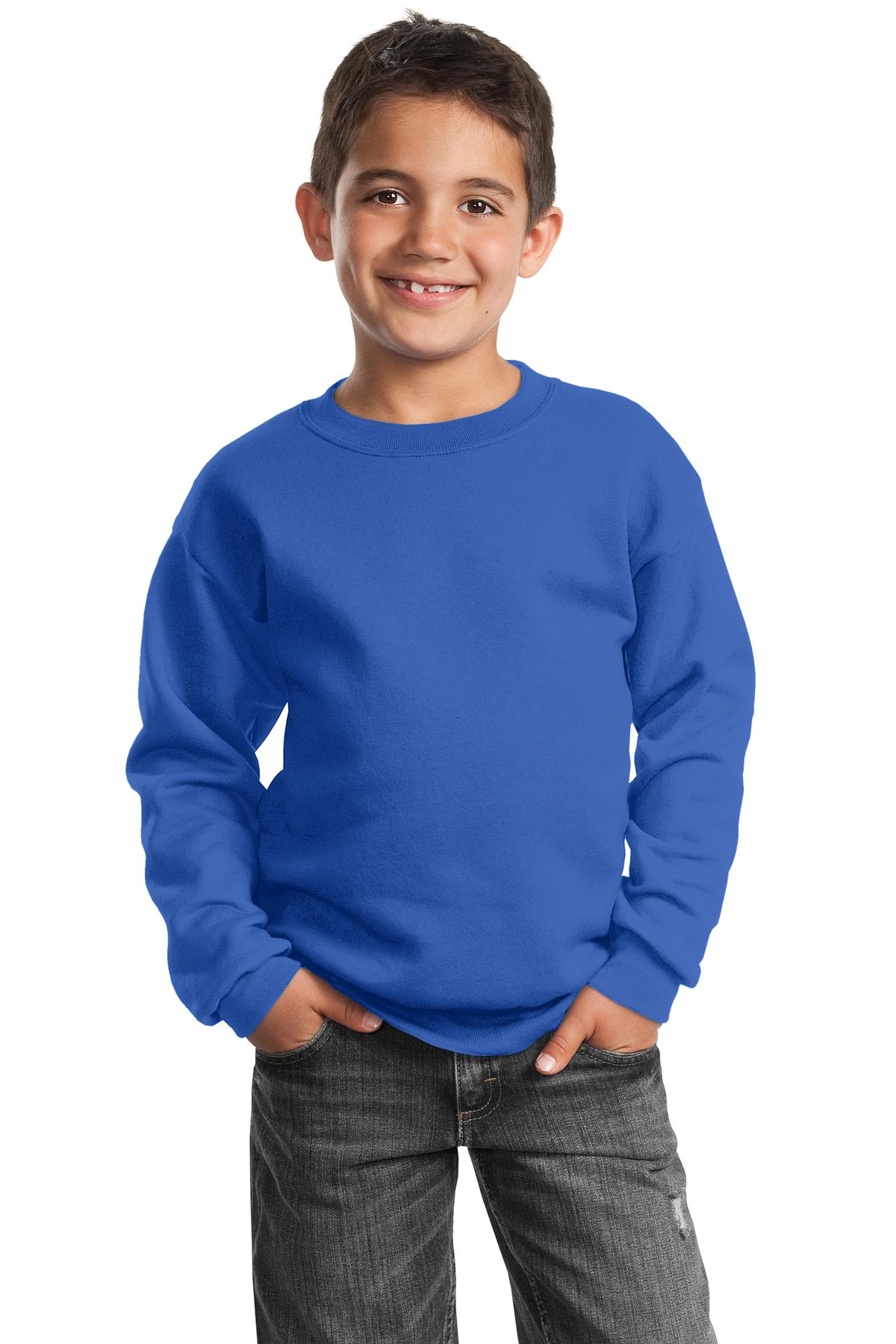 Custom Embroidered or DTF Print on Port & Co ™ Youth Core Fleece Crewneck Sweatshirt. PC90Y