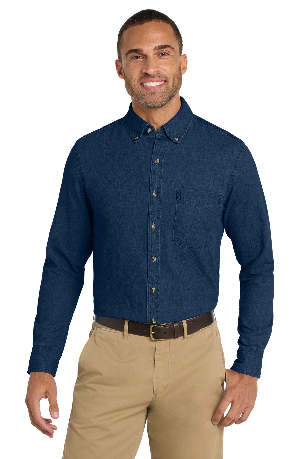 Custom Embroidery or DTF Print - Port & Co ® Long Sleeve Value Denim Shirt. SP10