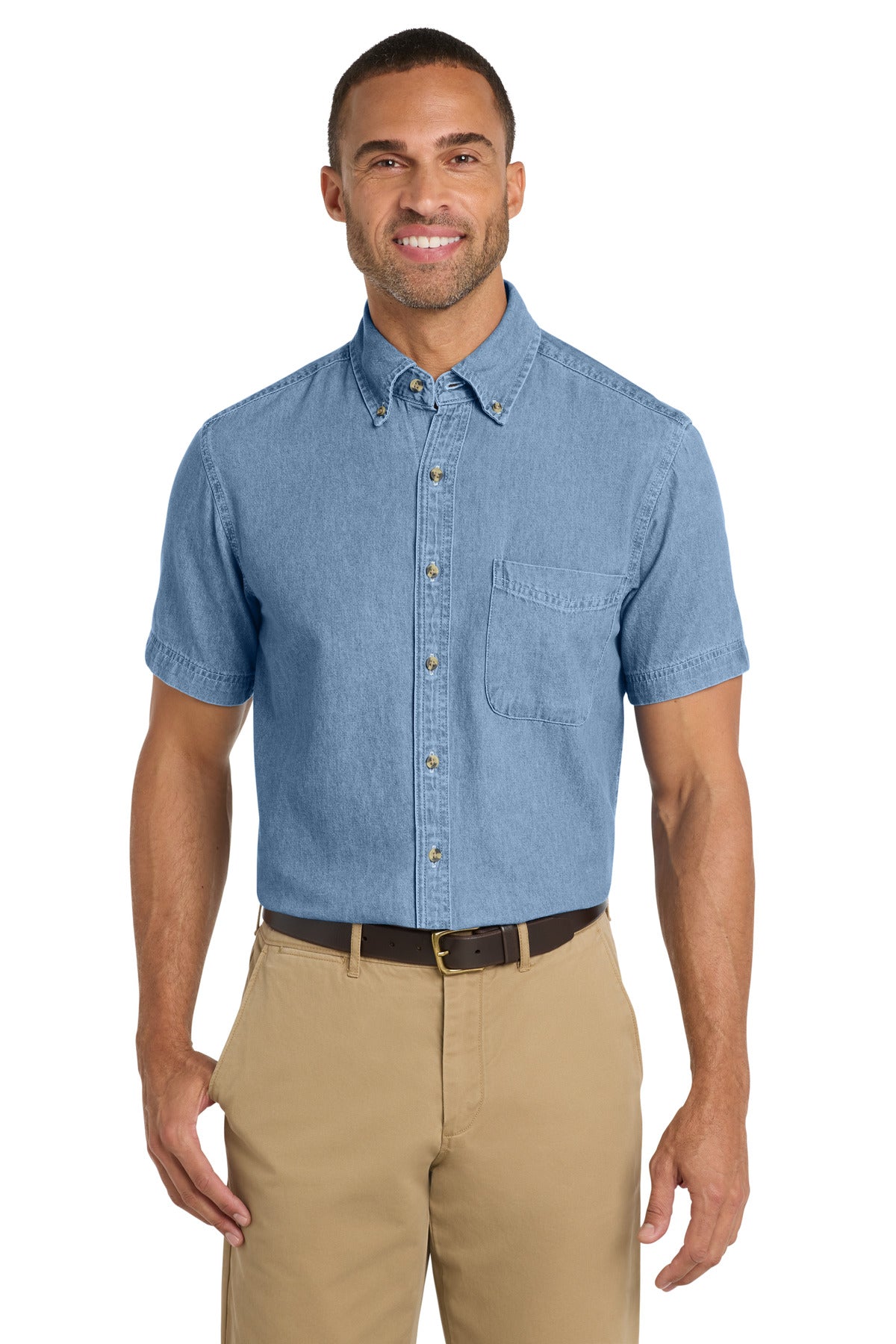 Custom Embroidery or DTF Print - Port & Co ® Short Sleeve Value Denim Shirt. SP11