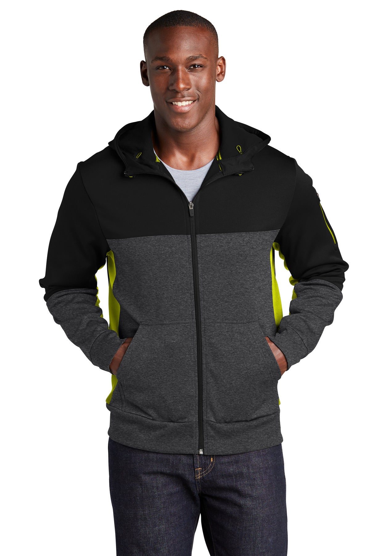Custom Embroidered or DTF Print on Sport-Tek ® Tech Fleece Colorblock Full-Zip Hooded Jacket. ST245