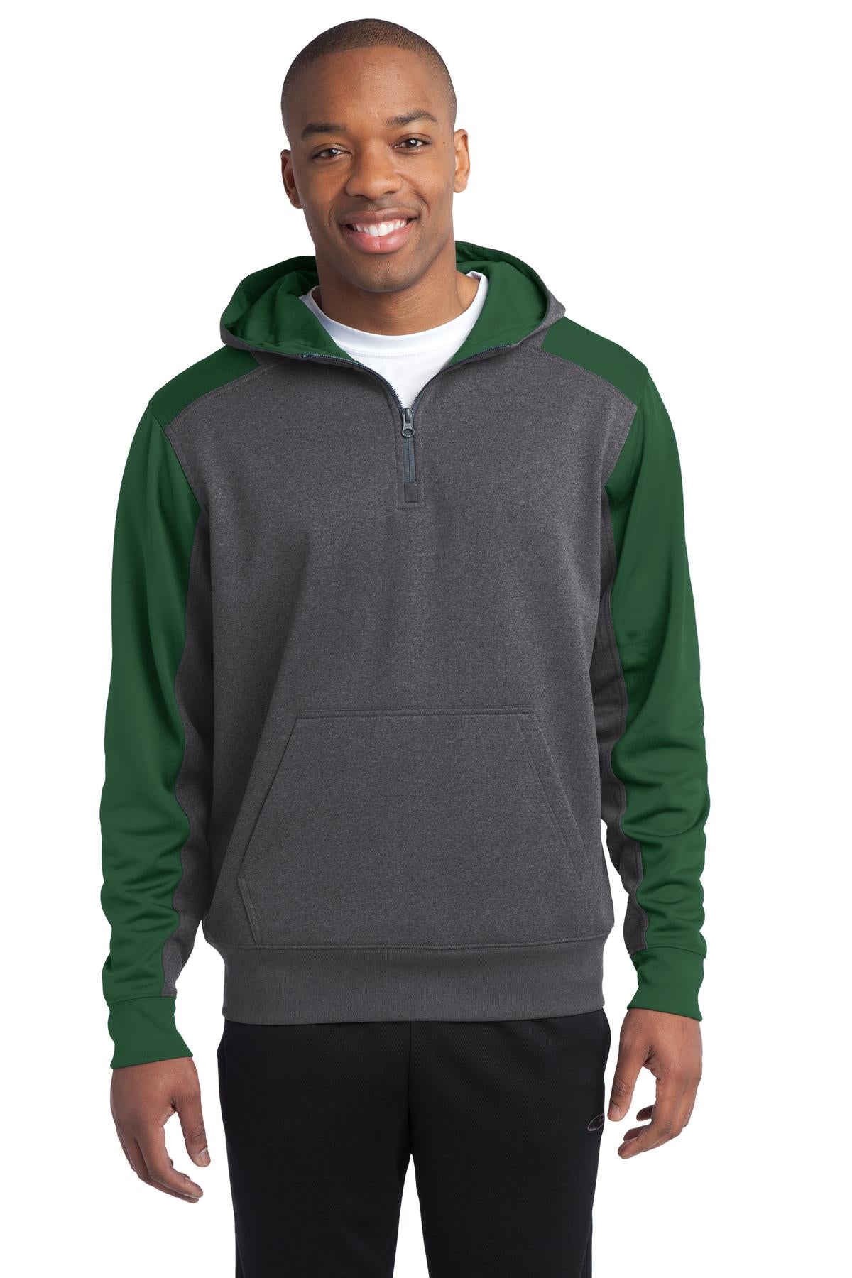 Custom Embroidered or DTF Print on Sport-Tek ® Tech Fleece Colorblock 1/4-Zip Hooded Sweatshirt. ST249