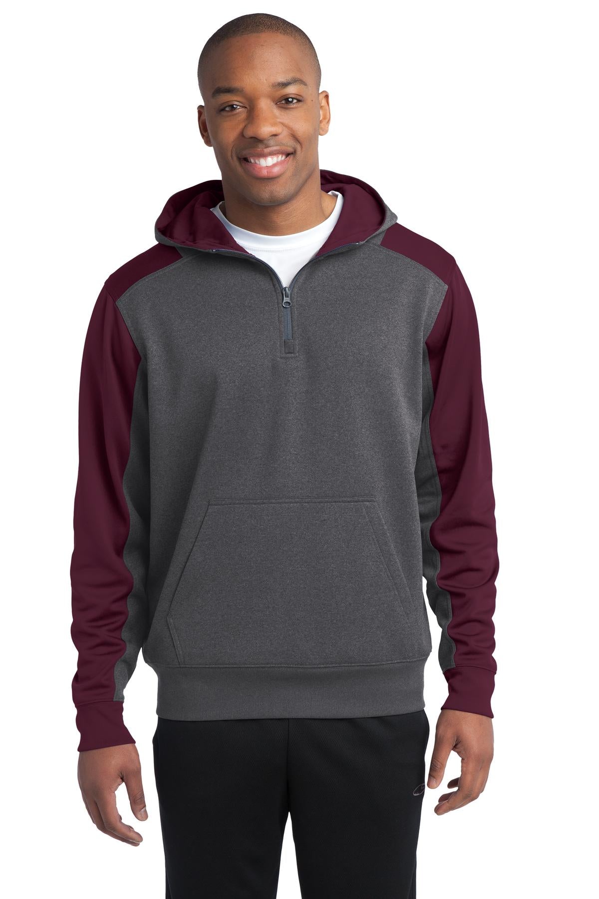 Custom Embroidered or DTF Print on Sport-Tek ® Tech Fleece Colorblock 1/4-Zip Hooded Sweatshirt. ST249