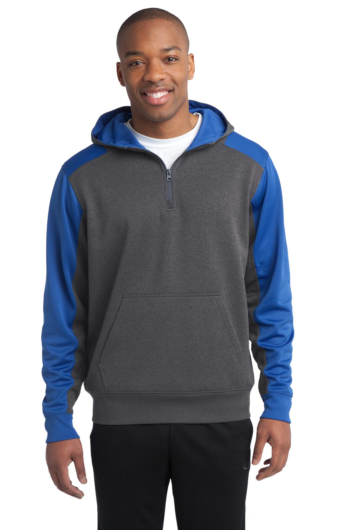Custom Embroidered or DTF Print on Sport-Tek ® Tech Fleece Colorblock 1/4-Zip Hooded Sweatshirt. ST249