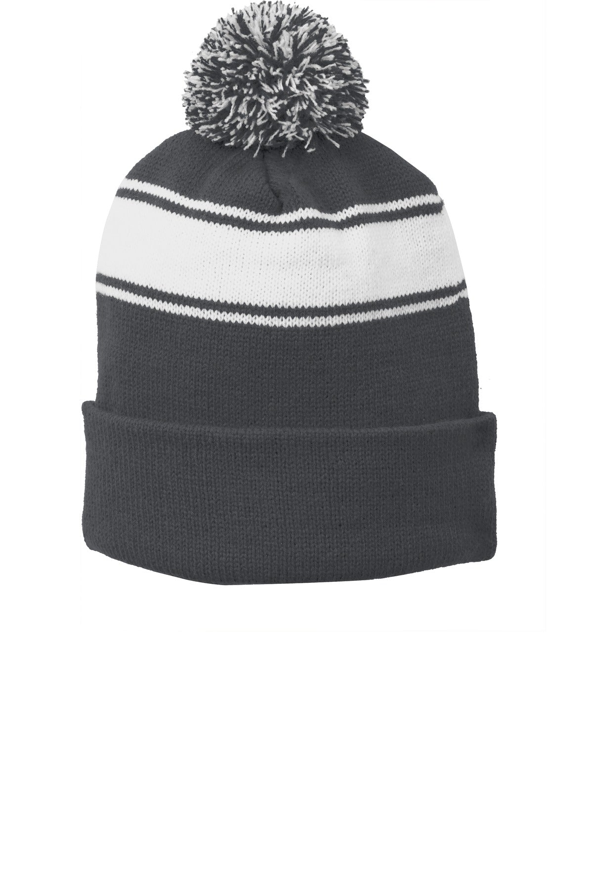 Custom Embroidery or DTF Print - Sport-Tek ® Stripe Pom Pom Beanie. STC28