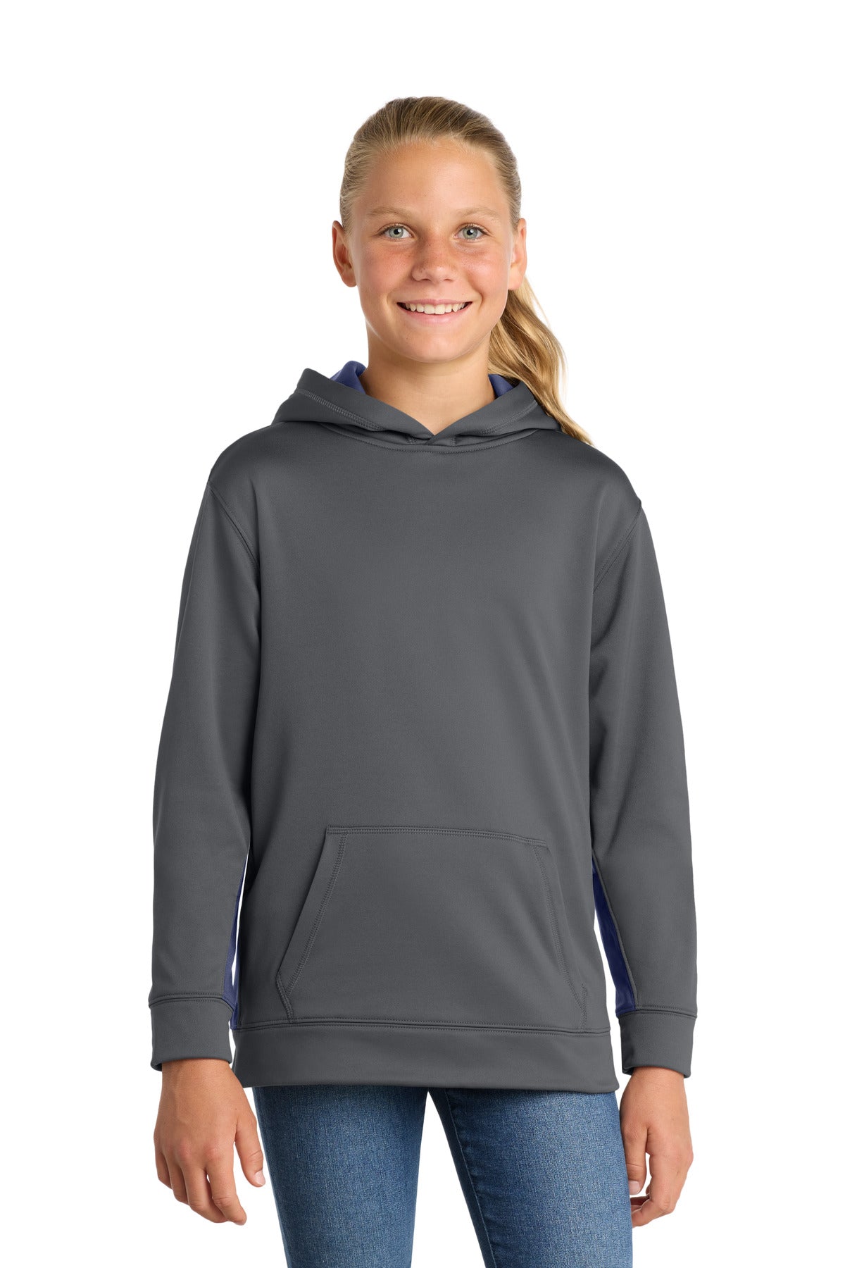 Custom Embroidered or DTF Print on Sport-Tek ® Youth Sport-Wick ® Fleece Colorblock Hooded Pullover. YST235