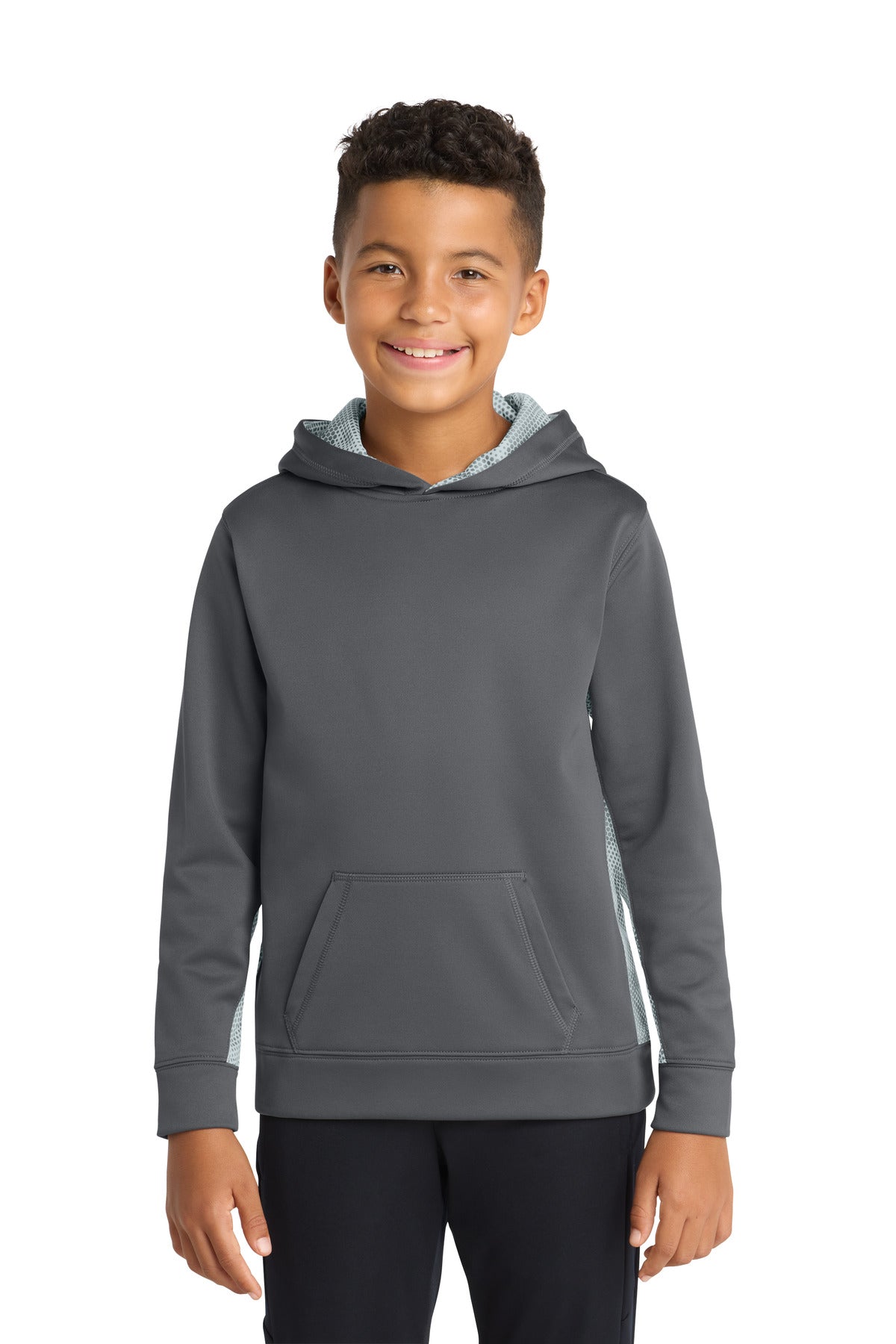 Custom Embroidered or DTF Print on Sport-Tek ® Youth Sport-Wick ® CamoHex Fleece Colorblock Hooded Pullover. YST239