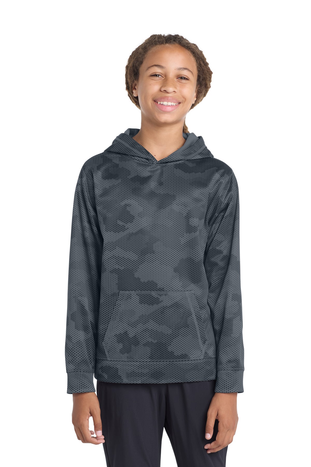 Custom Embroidered or DTF Print on Sport-Tek ® Youth Sport-Wick ® CamoHex Fleece Hooded Pullover. YST240