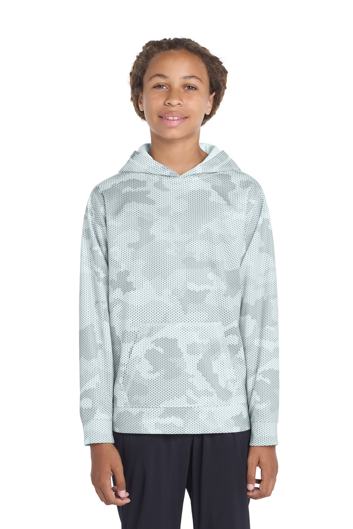 Custom Embroidered or DTF Print on Sport-Tek ® Youth Sport-Wick ® CamoHex Fleece Hooded Pullover. YST240