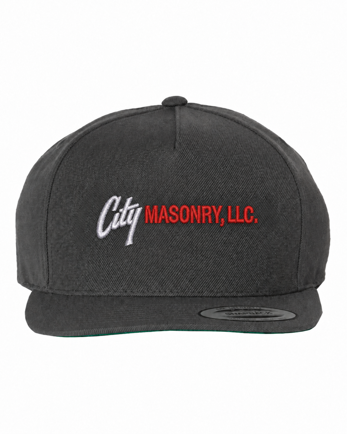 City Masonry 5089M — Dark Grey embroidered mockup, corrected 4-inch scale